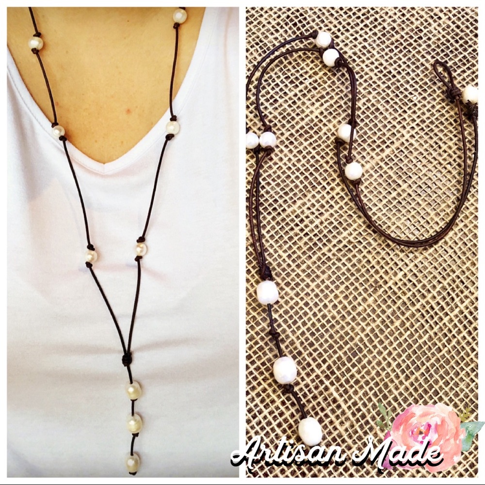 NEW Knotted Leather Pearl Long Boho Necklace